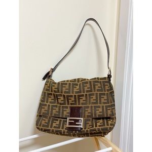 FENDI Shoulder Bag Leather-Trimmed Zucca Baguette